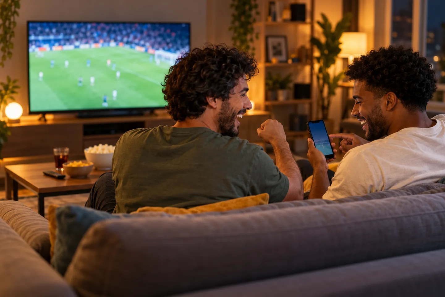 Amigos sorrindo juntos enquanto assistem a uma partida em casa