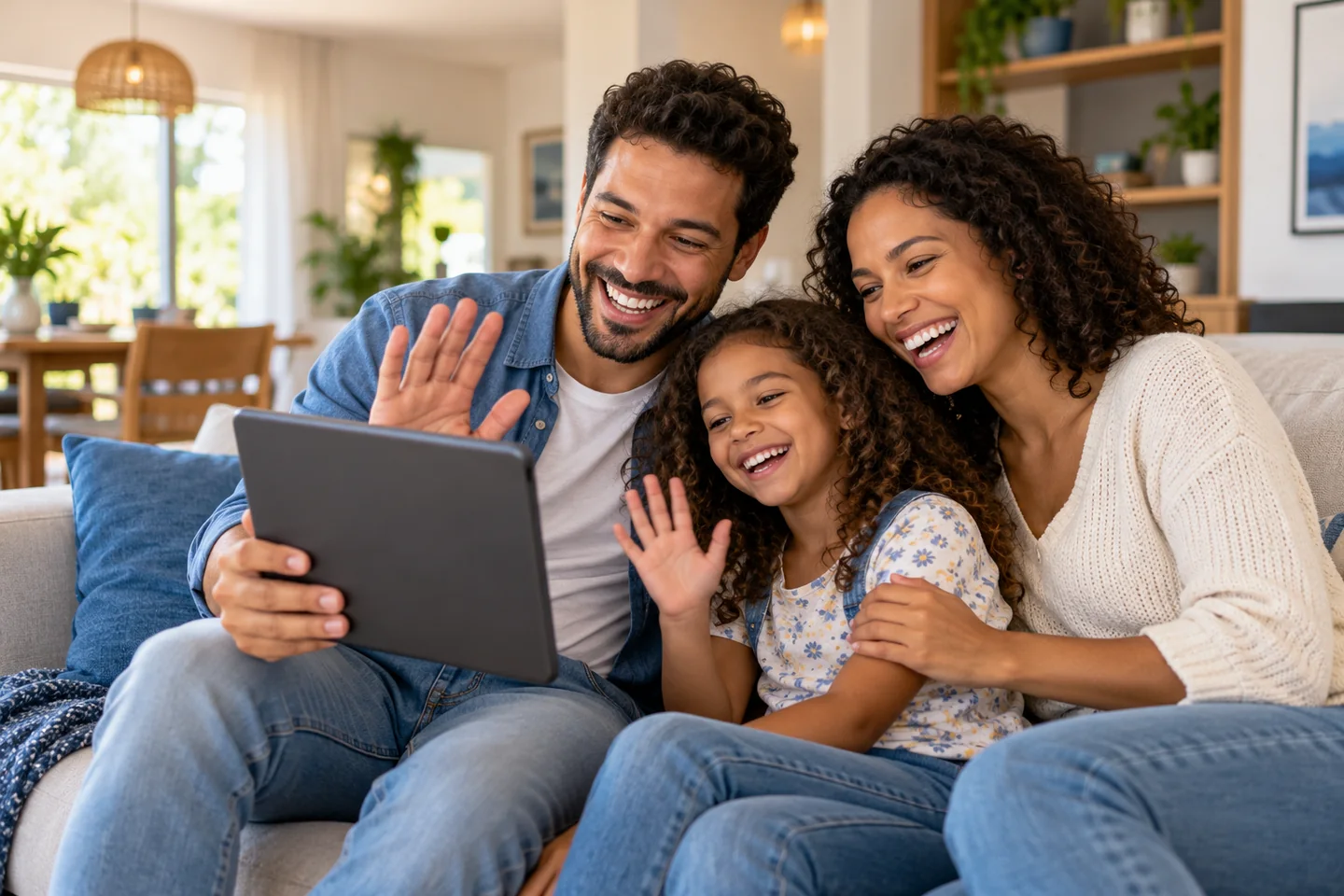 Família sorrindo em videochamada com parentes usando um tablet